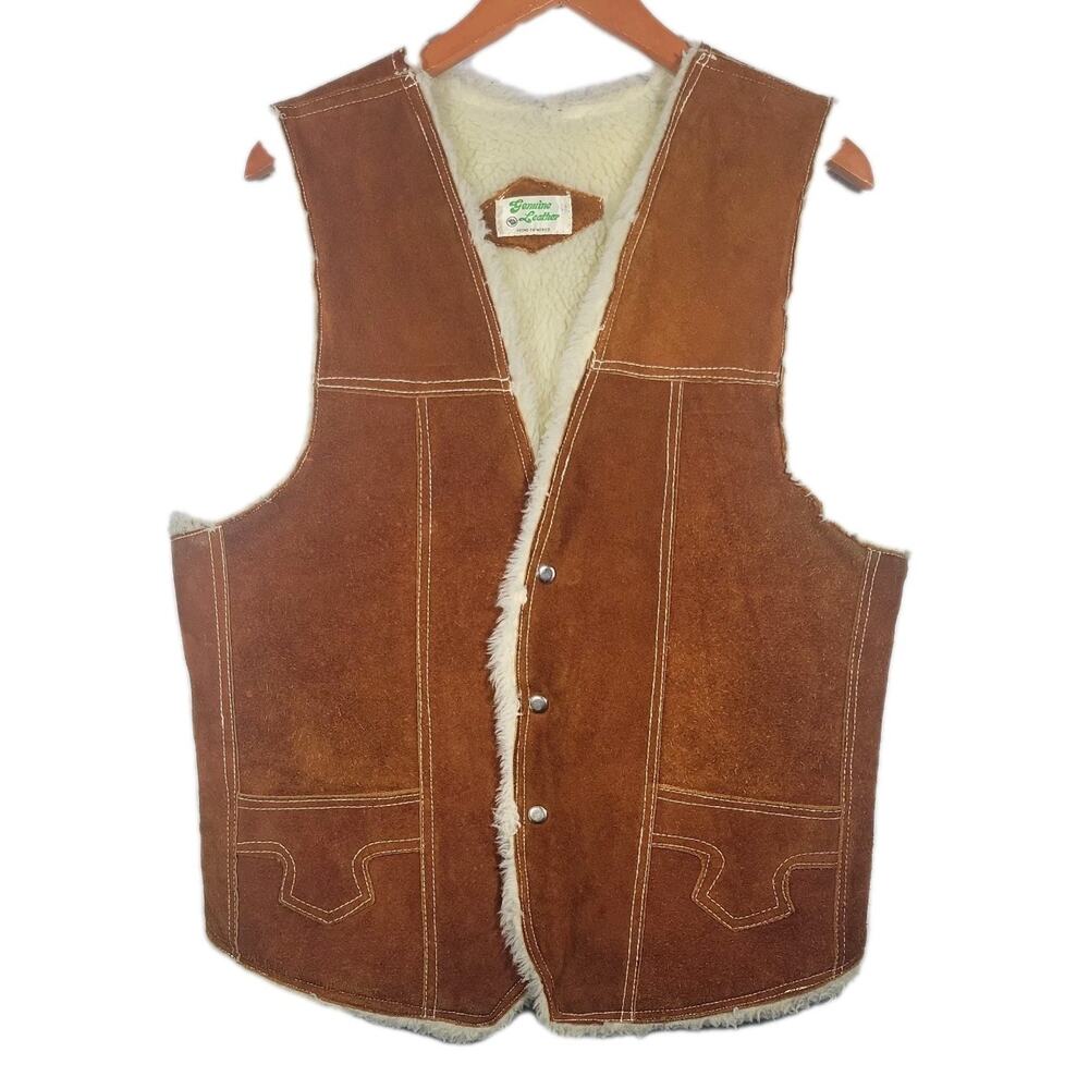 Vintage Leather Vest Mens Western Rodeo Sherpa Lined 70s 80s Mexico